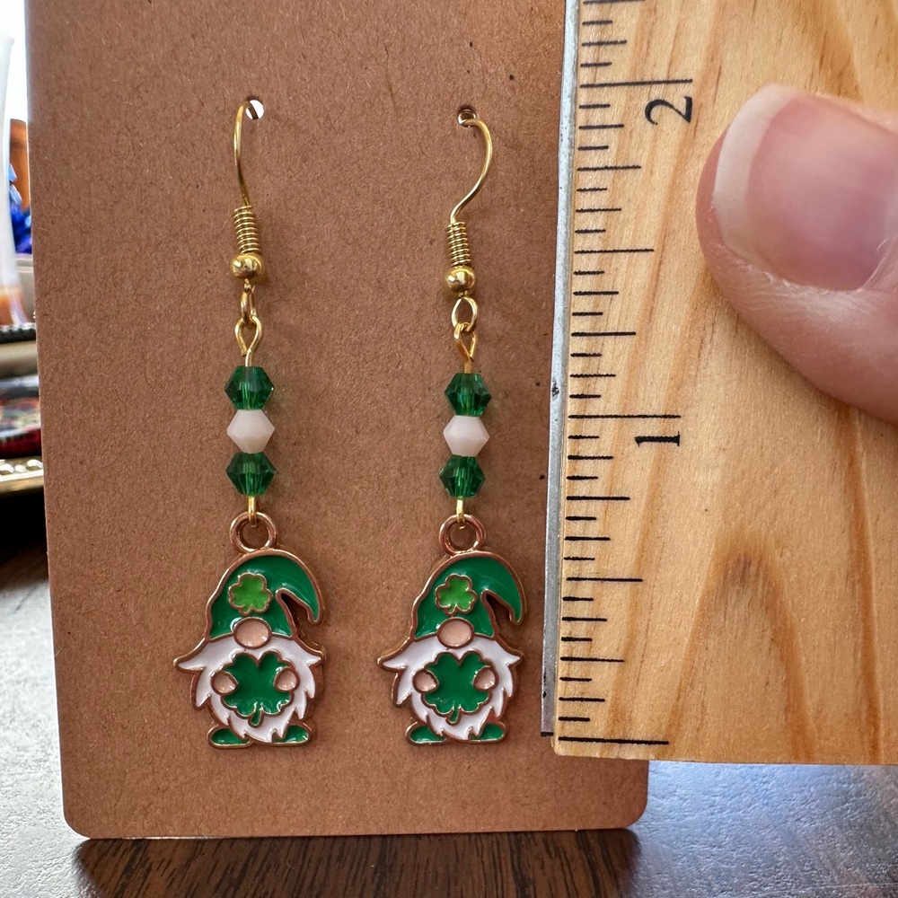 St Patrick’s Day Gnome Earrings with Green Shamrock and Bead Accents - Picture 2 of 2